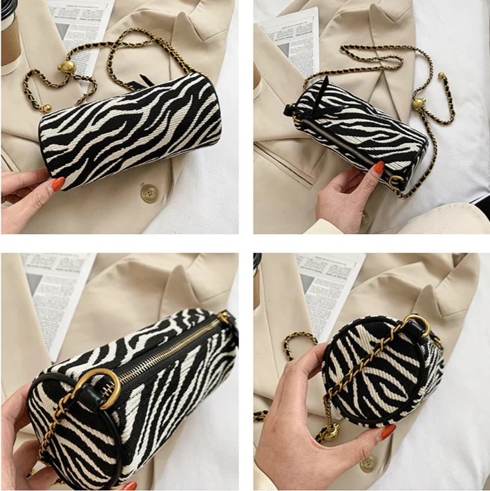 Borsa a tracolla piccola con tracolla singola a catena in tela con stampa zebra cilindrica con perline di trasporto modello 2024 nuovo_voghion.com