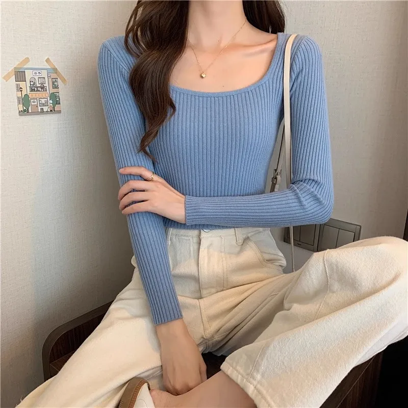Frauen Grundlegende Solide Square-neck Pullover Hohe Qualität Slim Fit Beiläufige Gestrickte Pullover Herbst Winter Langarm Basis Schicht tops – Detail 34