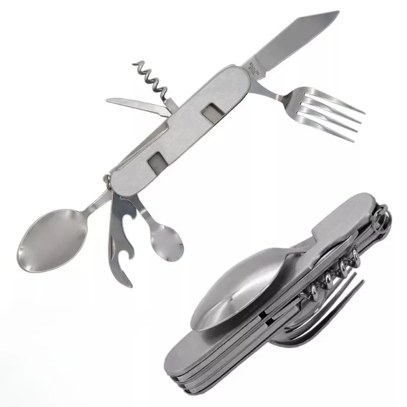 Multifunctional Foldable Detachable Cutlery Set Stainless Steel 4-in-1 Camping Fork Spoon Knife Opener for Hiking Travel Outdoor