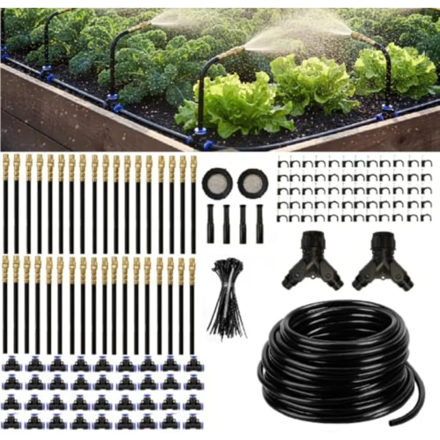 Automatic Garden Irrigation System 200Feet Upgraded Drip and Spray Watering Kit with 36 Adjustable Copper Nozzles for Raised Be