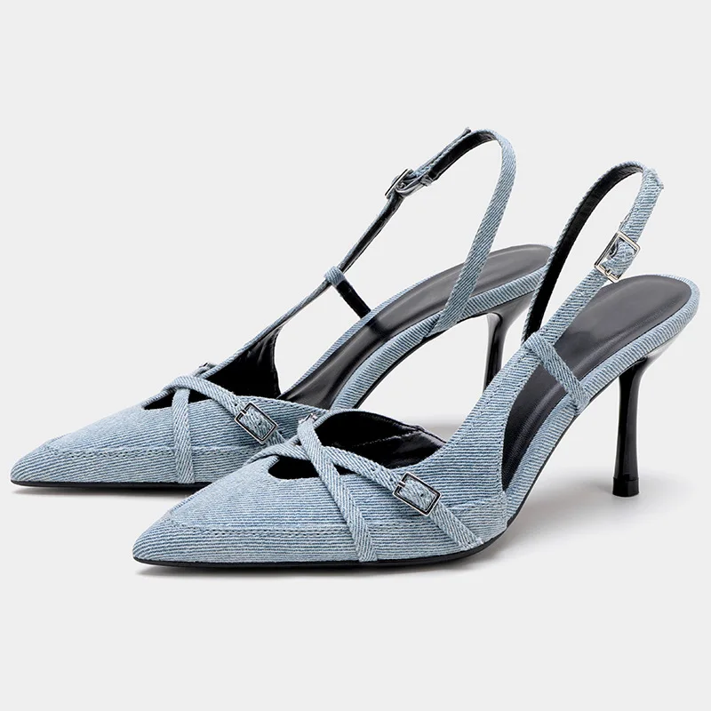 Denim Strap Buckle Pointed Toe High Heel Slingbacks Profile Presentation