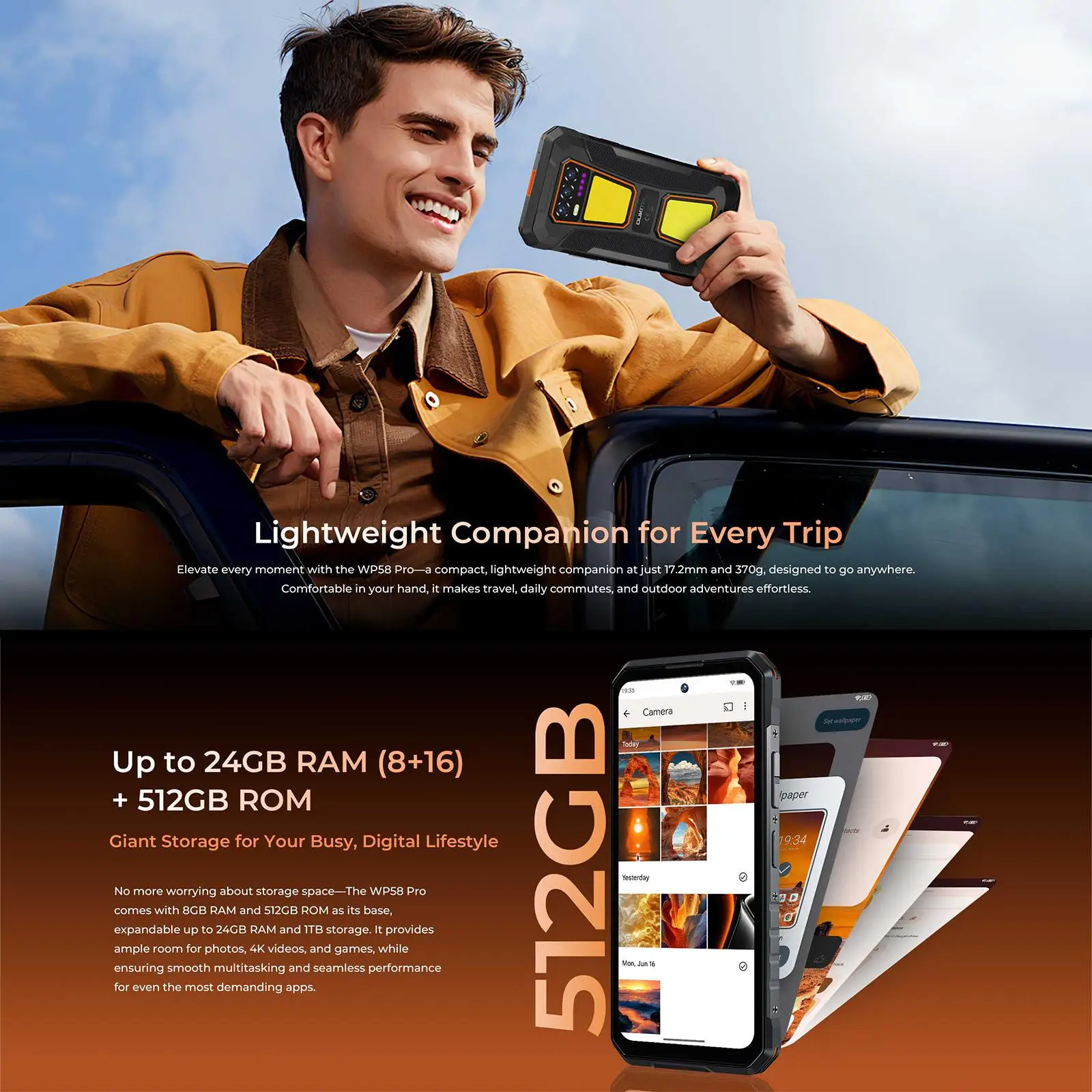 Oukitel WP58 Pro Rugged Phone 8GB+512GB 6.7'' HD Display Android 15 UMS9621S 64MP Camera 10000mAh 33W Charging NFC 5G Smartphone