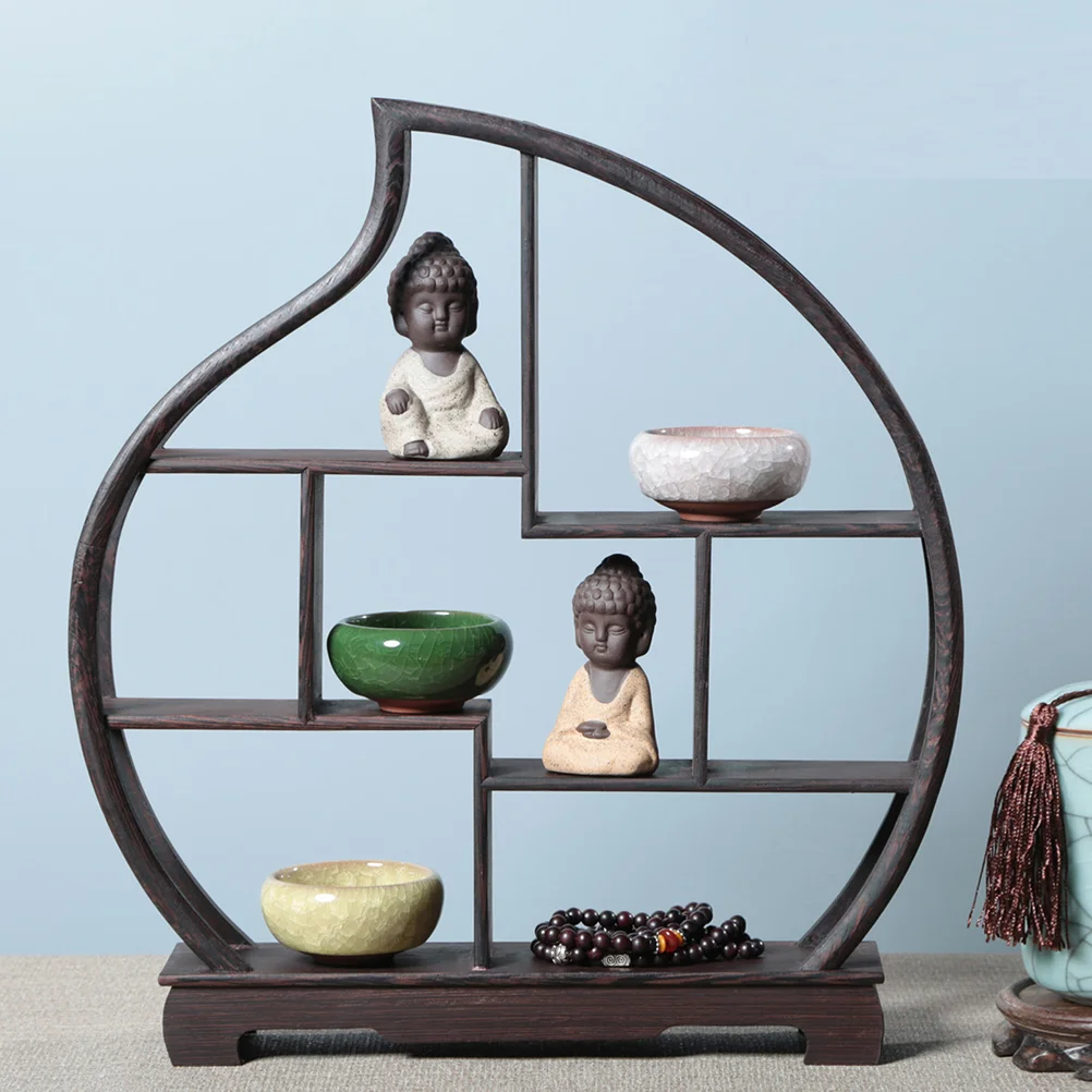 Rosewood Crafts Shelf Compartment Traditional Chinese Rosewood Round Wooden Display Shelf for Tea Pots Crafts Figurines (
