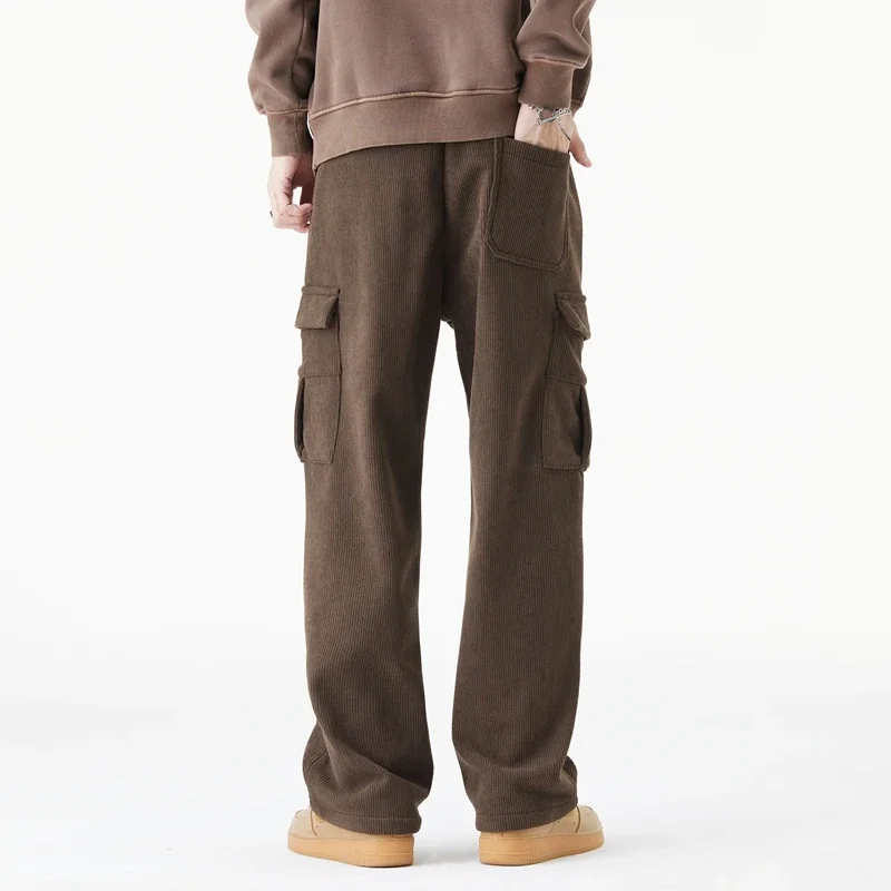 Winter Woolen Cargo Pants Thickened Men Casual Pants Solid Trousers Straight Leg Outdoors Streetwear Comfortable Fabric Unisex 4