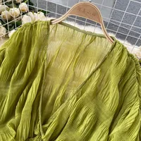 Women Sexy Chiffon Short Blouse Female See Through Super Long Sleeve Blusas Purple/Green/Black/White Folds Party Tops 2022 New - Image 4