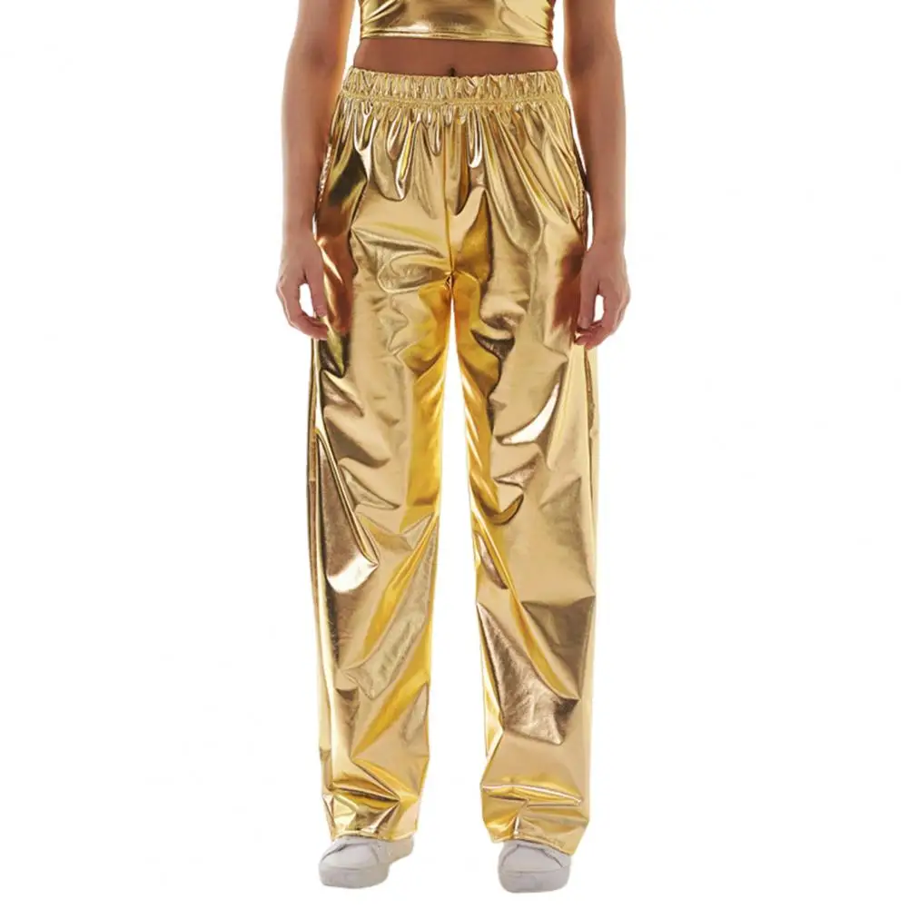 

Women Trousers Women's Metallic High Waist Holographic Pants Casual Streetwear Trousers with Wide Leg Pockets Reflective for Hip