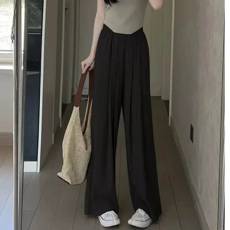 Spring Autumn Women's Solid Elastic High Waisted Loose Wide Leg Casual Sports Straight Trousers Fashion Office Lady Pants