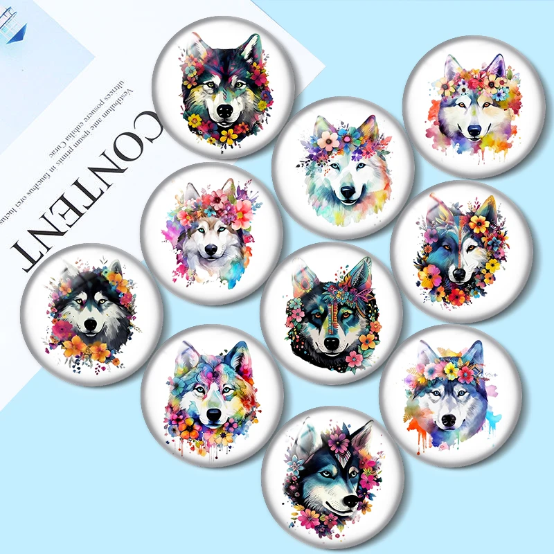 

Wolf in flowers Watercolor 12mm/18mm/20mm/25mm Round photo glass cabochon demo flat back Making findings