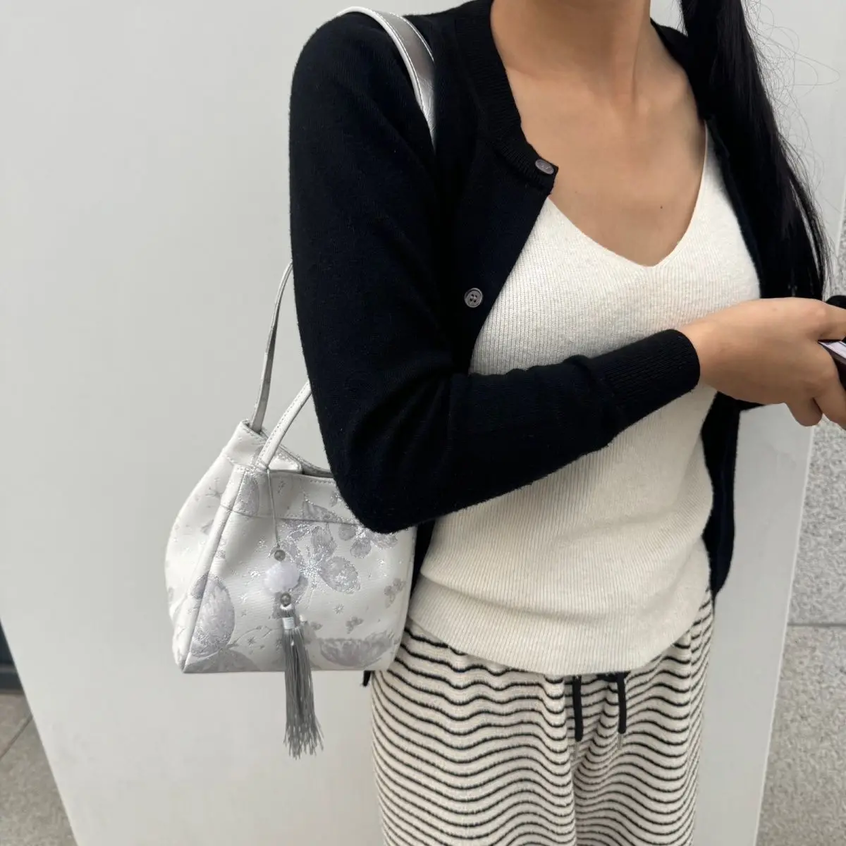 JIAERDI Chinese Style Silver Bucket Bag Women Sweet Cool Butterfly Embroidery Purse Hand Bag Ladies Harajuku Handbag Aesthetic