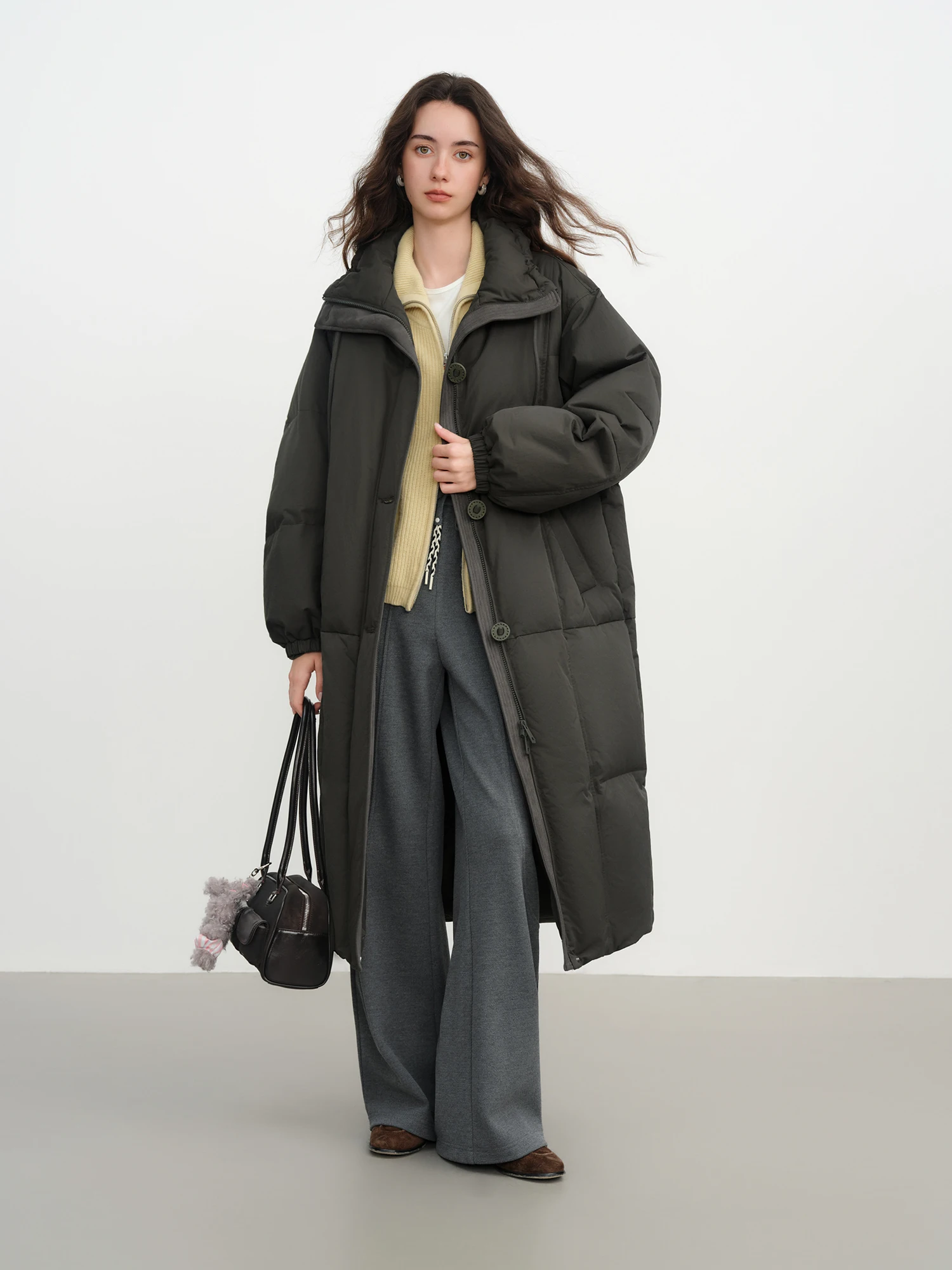 FSLE Winter Women Mid-Length Puffer Downcoat with Stand Collar Korean Style Slouchy Down Jacket Loose Fit Warm Soft Outerwear