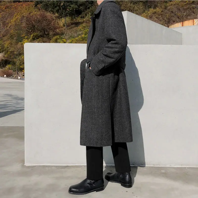 Gmiixder 남성용 두꺼운 모직 코트, 무릎 위 중간 길이 바람막이, 루즈 헤링본 모직 재킷, 한국 우아한 겨울