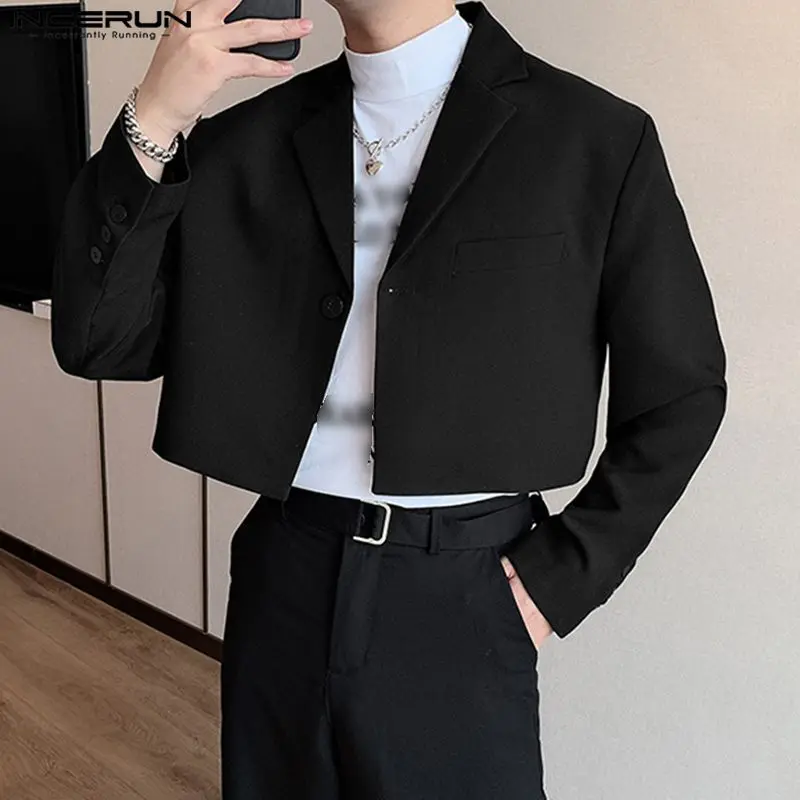 INCERUN Men Blazer Solid Color Lapel Long Sleeve Streetwear Casual Suits Autumn One Button 2023 Fashion Male Crop Coats S-5XL 4
