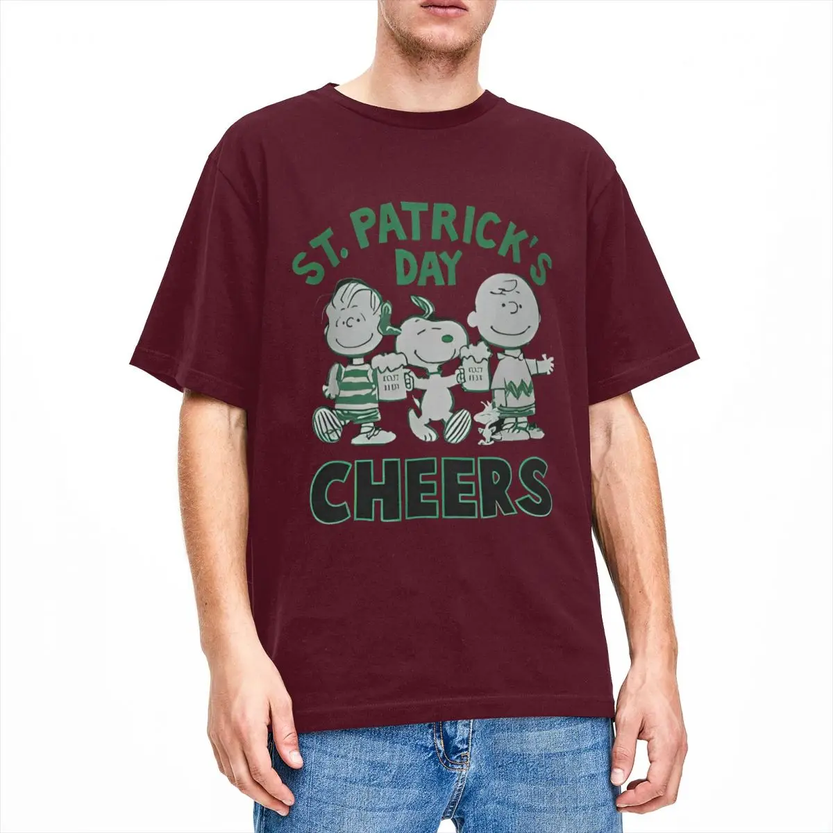 thumbnail image 1 of Camiseta de algodón 100 % divertida para hombre con el lema Y2K de Peanuts, Snoopy, San Patricio y Charlie Brown Cheers, 1 of 5