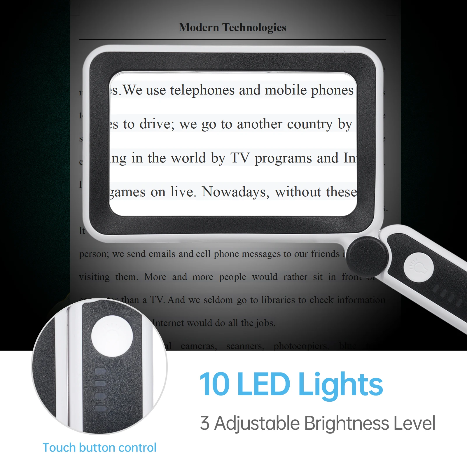 4X Large Magnifying Glass LED Lights USB Loupe Rechargeable Magnifier Handheld Reading Lamp