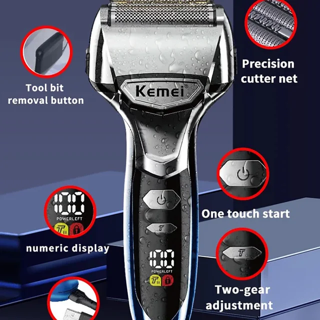 Kemei Rasoio elettrico a 5 lame da uomo Viso Barba Rasoio asciutto e bagnato Ricaricabile Macchina da barba per testa calva IPX7 Impermeabile Lavabile 6