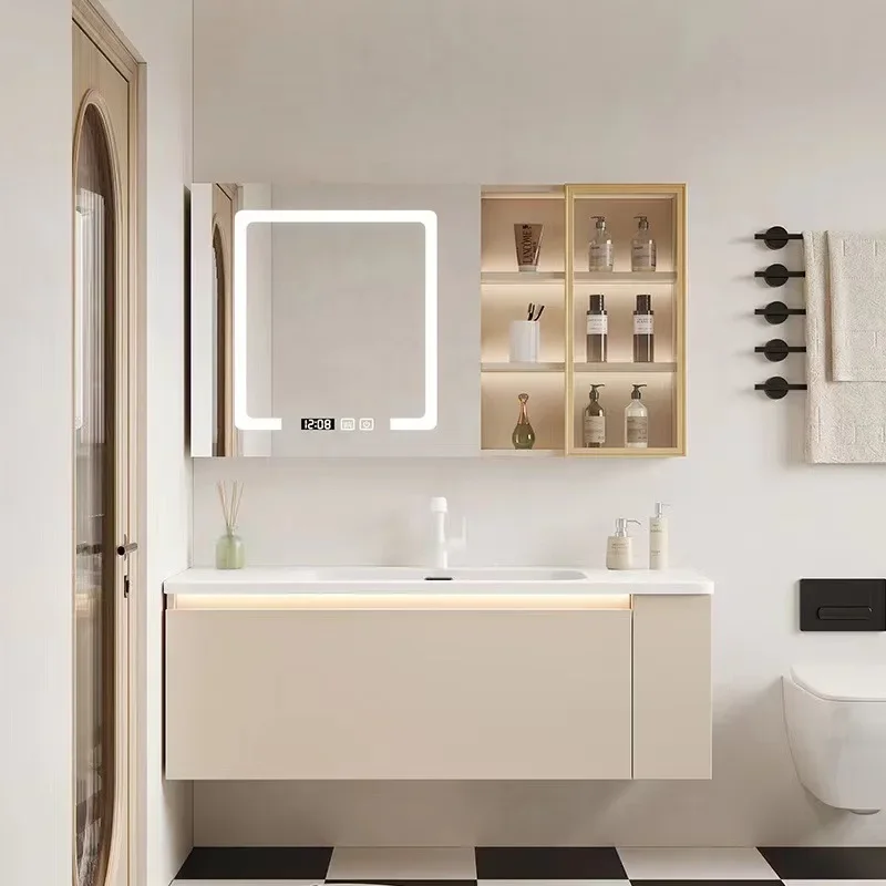 

Bathroom Vanity and Sink Modern Smart Mirror Cabinet Undermount Ceramic Vessel Sink Chrome Faucet Drain with Mirror Vanities Set