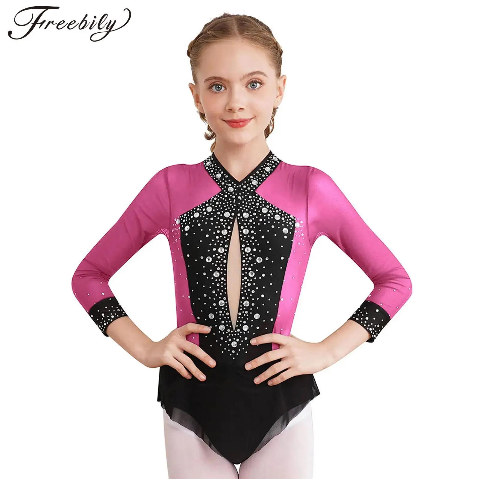 

Kids Girls Ballet Dance Leotard Dress Figure Skating Rhythmic Gymnastics Bodysuit Shiny Rhinestones Sheer Mesh Skirted Jumpsuit