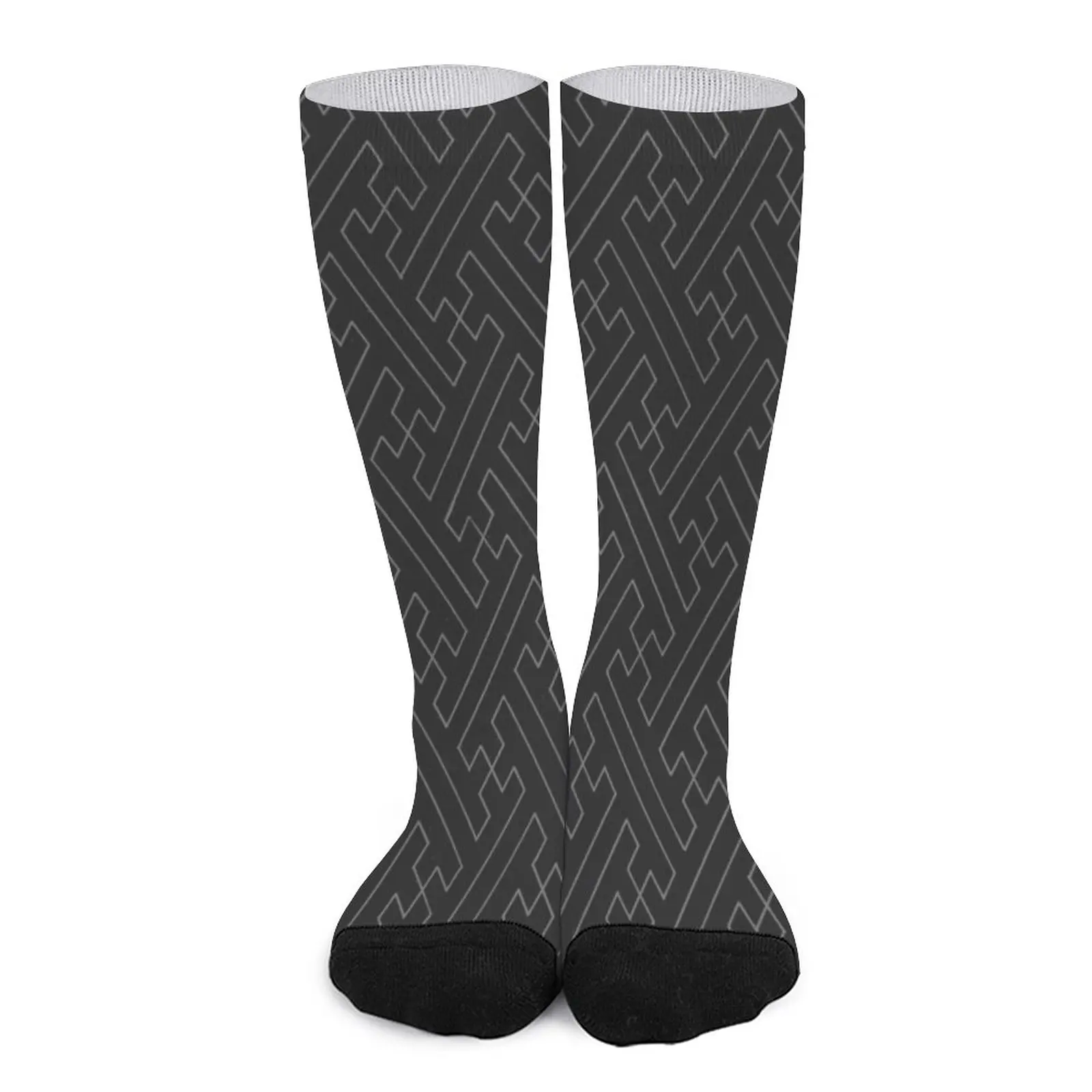 Traditional Japanese Sayagata Geometric Pattern in Greyscale/Black and Grey Socks sports and leisure luxury socks