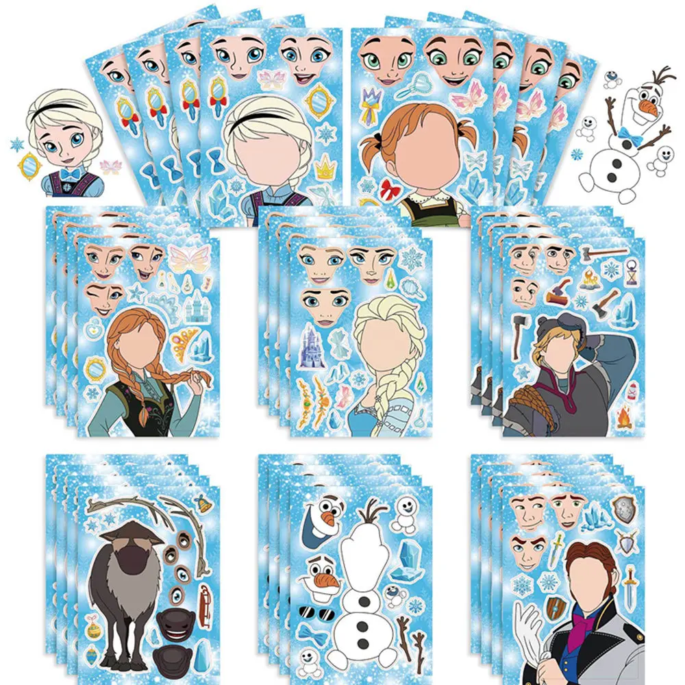 

16 sheets Frozen anna and elsa Children Puzzle Stickers Make-a-Face Funny Assemble Jigsaw DIY Cartoon Sticker Kids Educational T