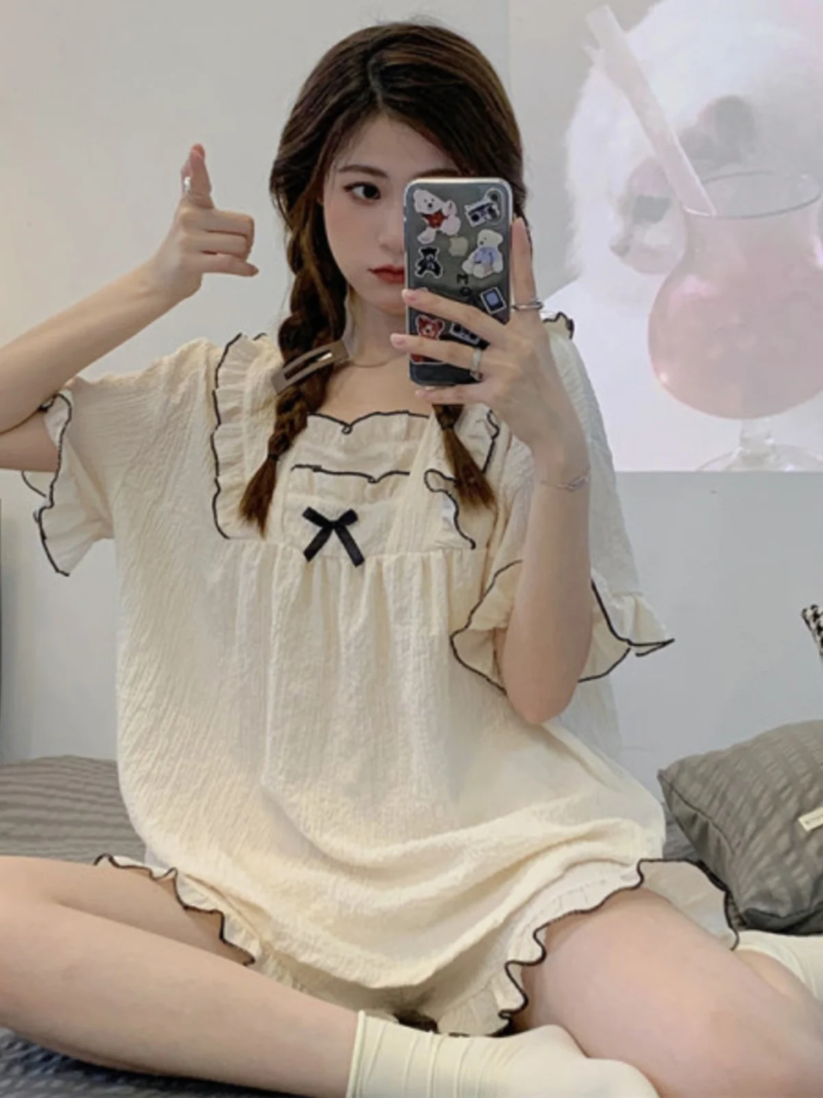 Summer Women's Sleepwear Cotton Gauze Thin Short Sleeve Home Clothes Set Sweet Princess Style Dress Comfortable Breathable - 3