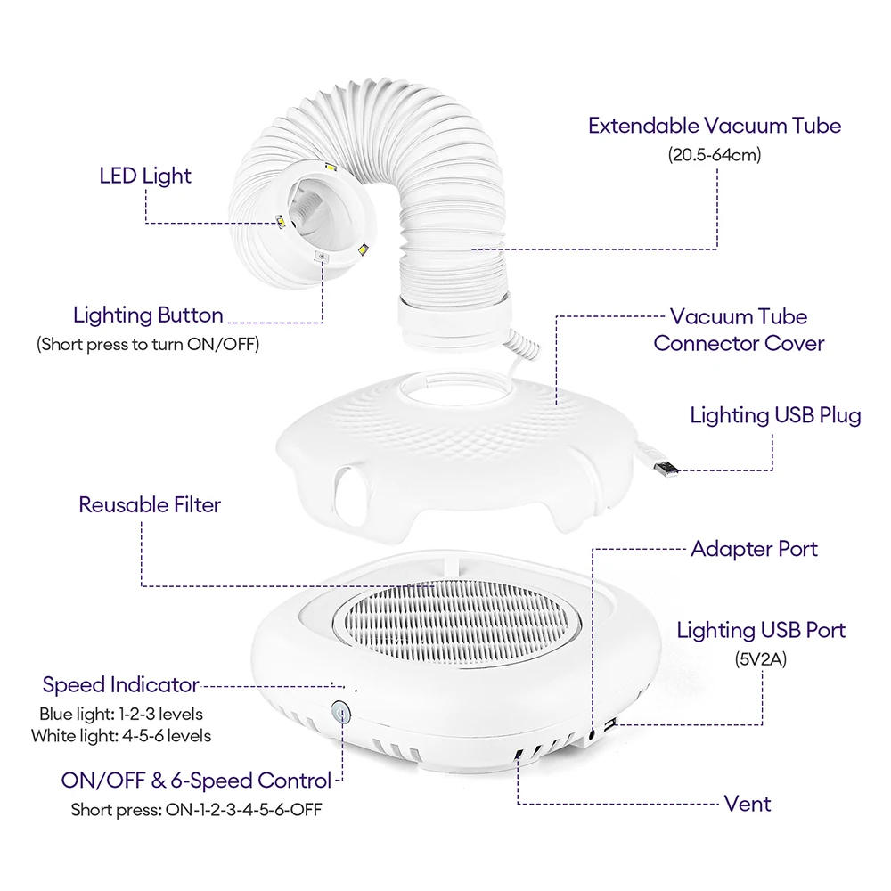 Brushless Nail Dust Collector 130W Strong Suction Vacuum Cleaner With Tube Elbow Manicure Fan Nail Dust Absorber For Nails Art