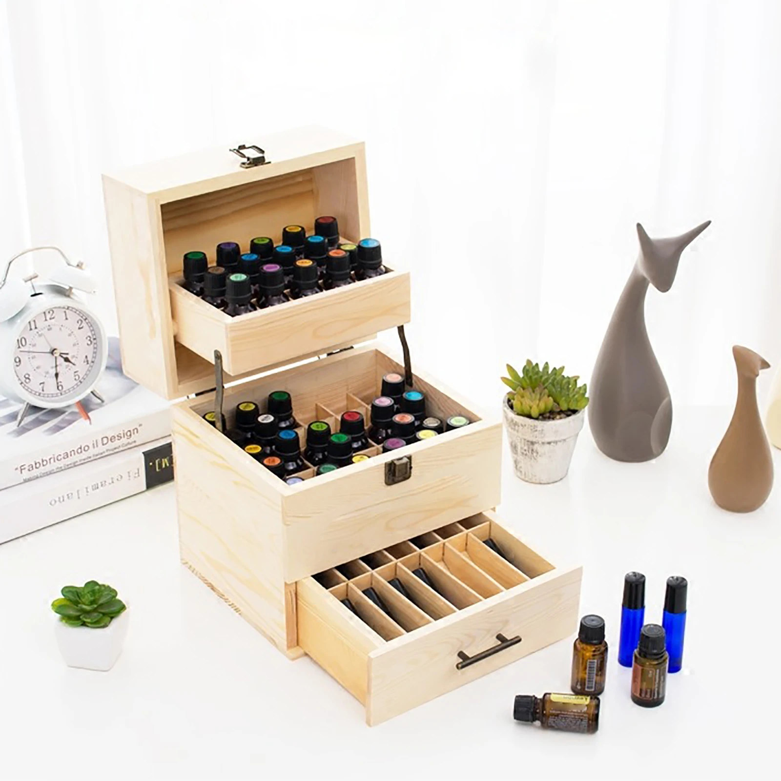 Pine Wood Essential Oil Storage Organizer Three-Tier Design with Drawer and Trays for Essential Oils and Roller Bottles 4