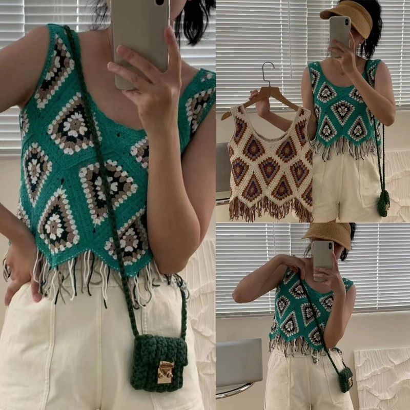 

Women Crochet Knit Geometric Vest Colorful Tassels Wide Strap Crop Top Camisole P8DB