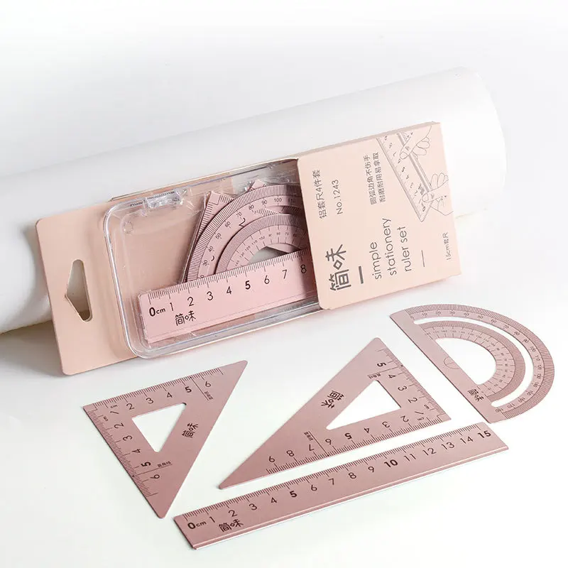 Aluminum Ruler Set Drafting Set With Storage Box Straight Ruler Protractor Students Measure Ruler Set Multi-Function Set 4pcs