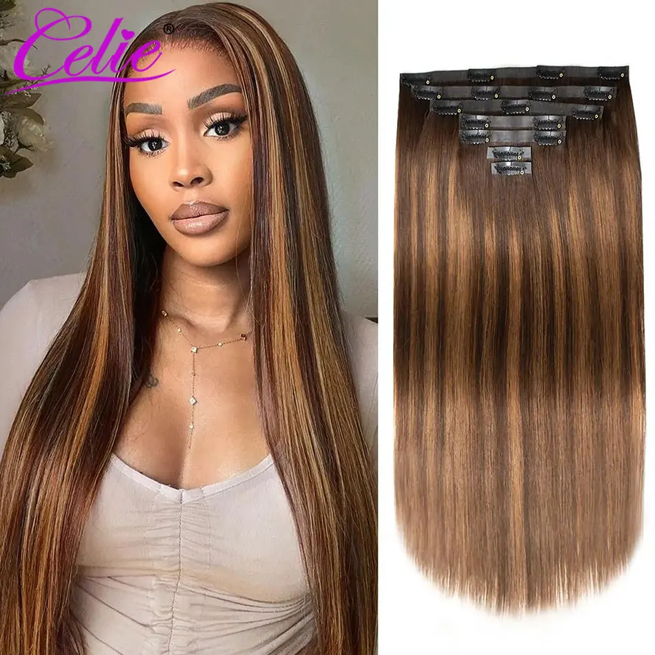 Celie Highlight Seamless Clip In Human Hair Extensions Straight Beginner Friendly 7pcs/pack