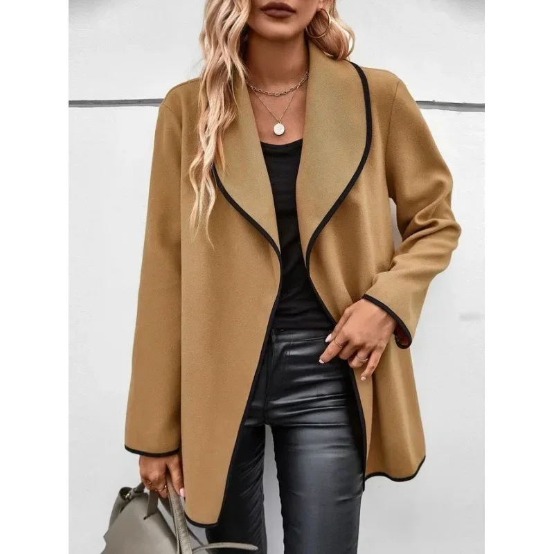 

Lapel Solid Color Long Jacket Coat Women Long Sleeve Woolen Coat Fall New Fashion Long Cardigan Casual Streetwear Winter Blazer