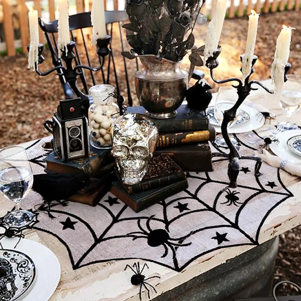 

Ourwarm 2023 Round Lace Table Mat Halloween Decoration Lace Spider Web Table Cloth Black Table Runners Event Party Supplies