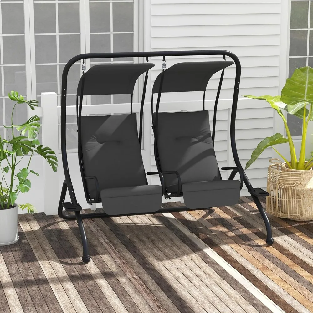 Patio Swing Chair with 2 Separate Seats, Outdoor Swing Glider with Removable Canopy and Cup Holders, for Porch, Garden, Poolsid 2