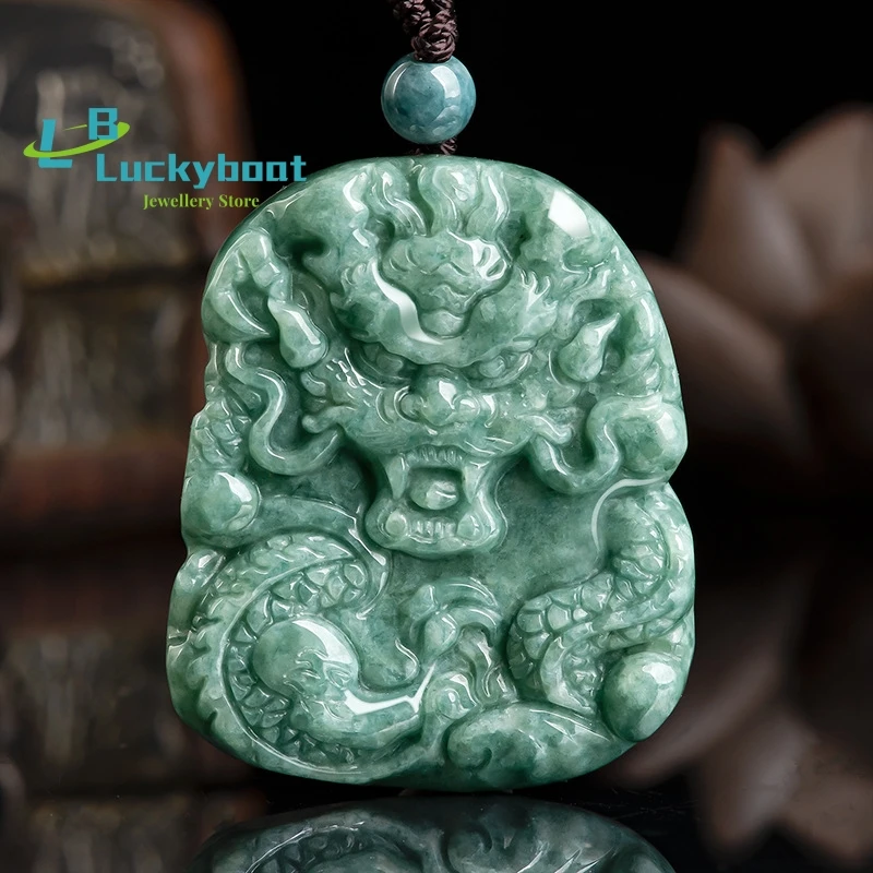 Natural Jade Dragon Pendant Ice Jade Charm Jewellery Hand Carved Men's
