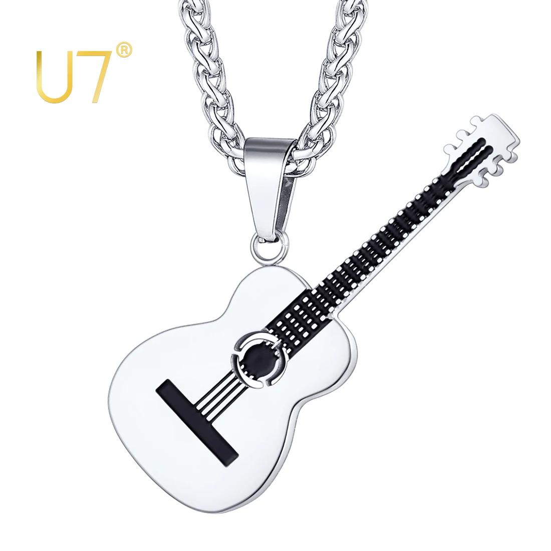 

U7 Stainless Steel Folk Guitar Necklace for Man Black 18k Gold Color Link Chain 22inches Music Lover Muscian Jewelry Gift
