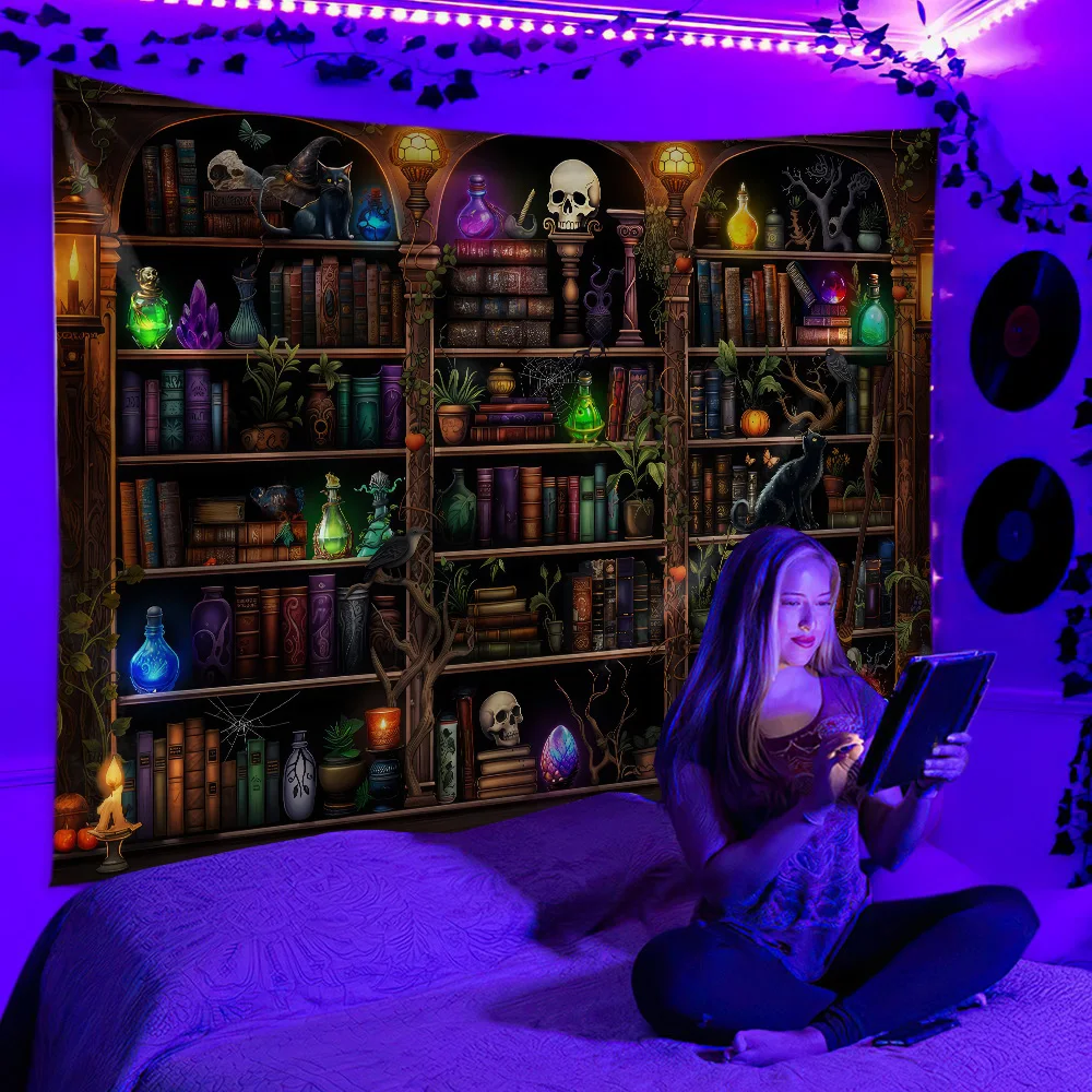Fluorescent Tapestry Magician's Bookcase Wall Hanging Tapestry Magic Alchemy Art Wall Hanging Creative Tabric Backdrop