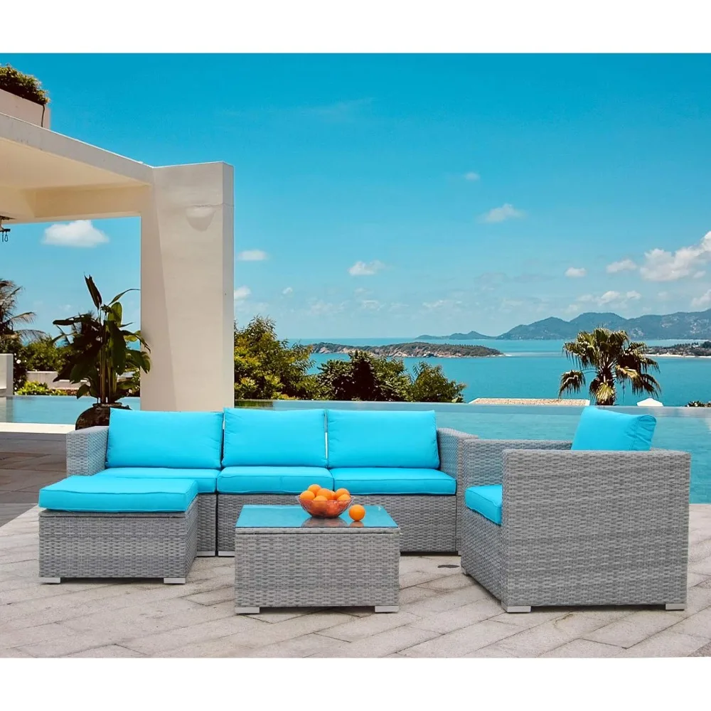 Garden Sofas 6pcs Patio Furniture Set PE Rattan Wicker Sectional Outdoor Sofa Set Outside Couch w/ Cushions & Table