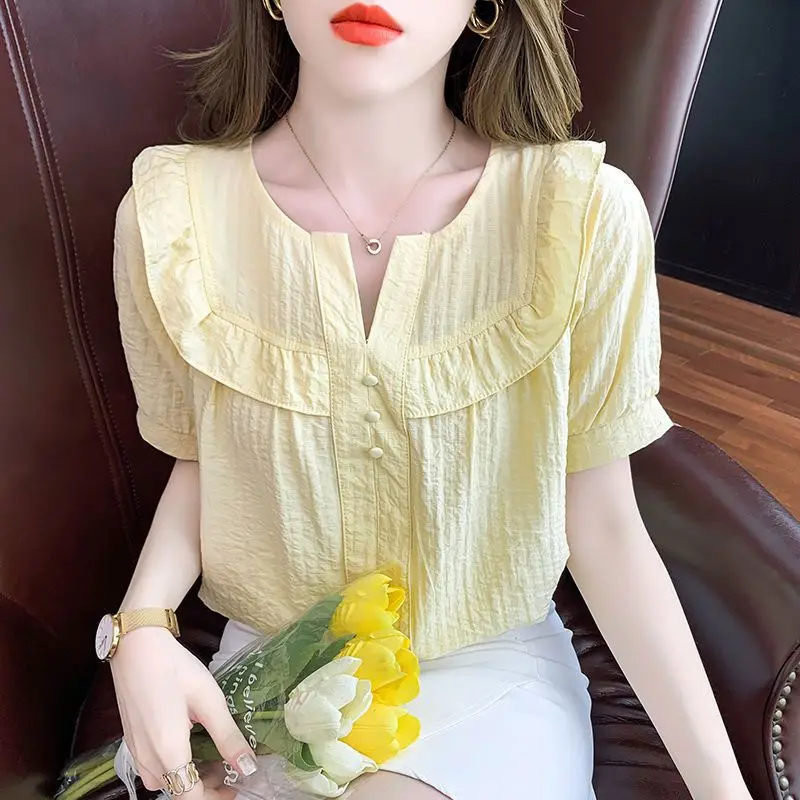 2023 New Summer Fashion Trend Commuting Simple and Sweet Wooden Ear Edge Loose Fitting Doll Shirt Solid Color Women's Shirt