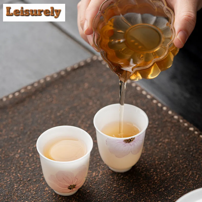 35ml Sheep Fat Jade Porcelain Tea Cup Happiness Flower Master Cup White Jade Mud Smell Fragrant Mug Personal Kung Fu Tea Set