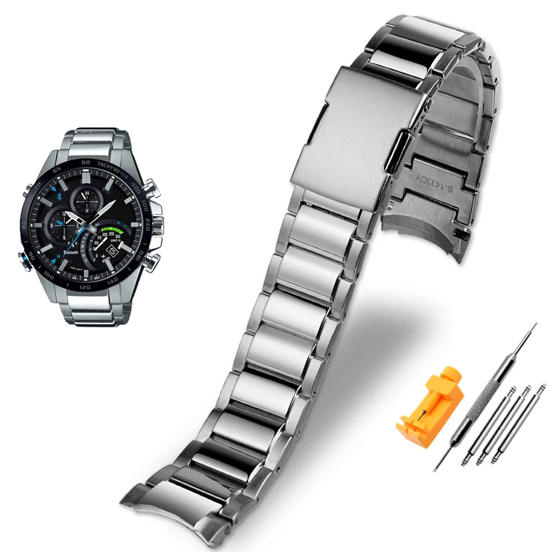 thumbnail image 1 of Correa de reloj de acero con extremo curvo sólido para la serie Casio EDIFICE EQB-501 EQB-800 Cadena de reloj de acero de precisión con boca en arco de 22 mm para hombre, 1 of 5