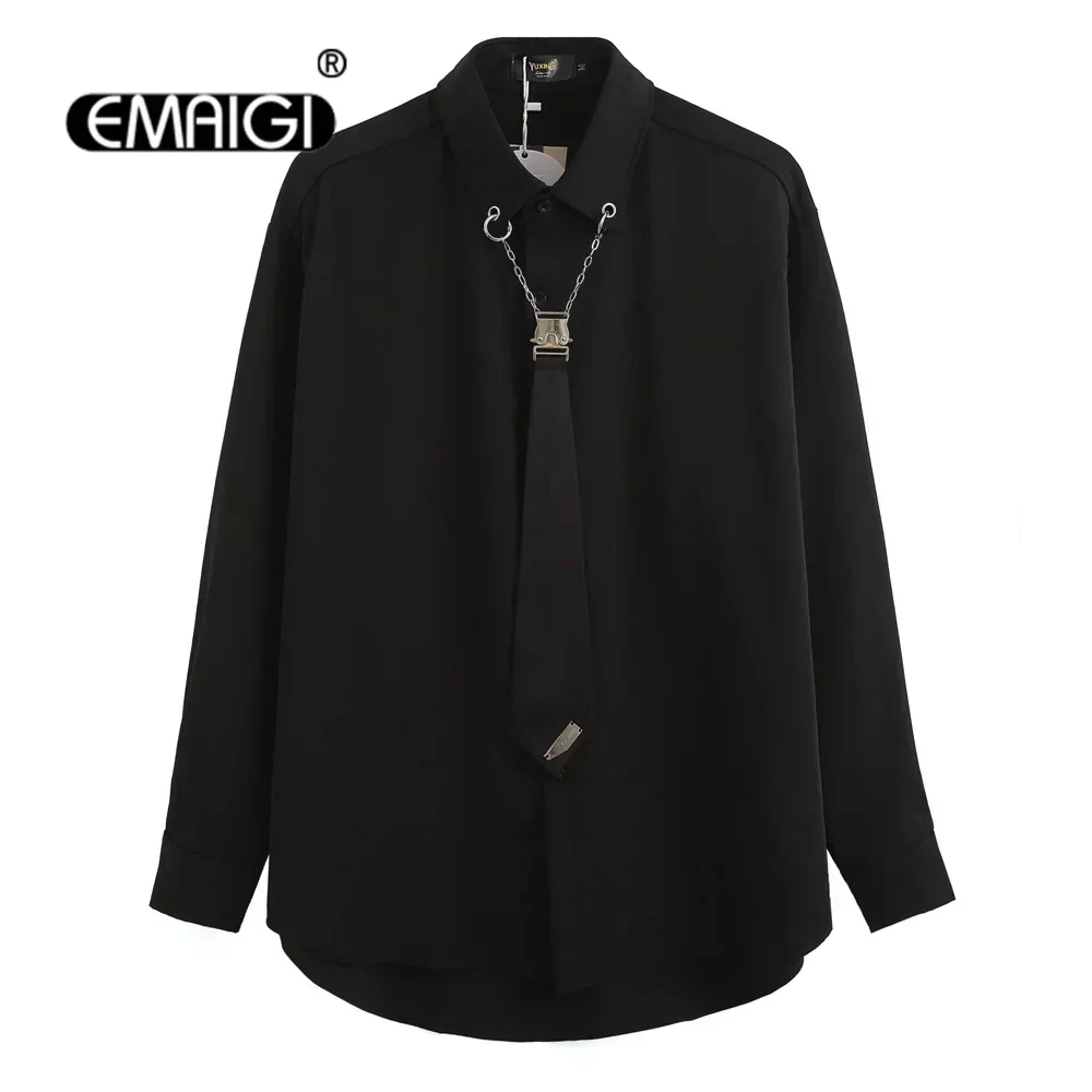 Metal Chain Tie Shirts Men\'s Long Sleeve Loose Casual Korean Streetwear Fashion Oversize Black White Shirts Hip Hop Party Shirt
