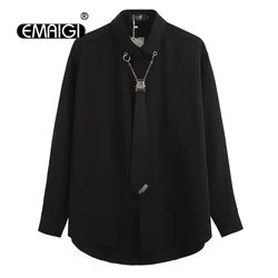 Metal Chain Tie Shirts Men's Long Sleeve Loose Casual Korean Streetwear Fashion Oversize Black White Shirts Hip Hop Party Shirt