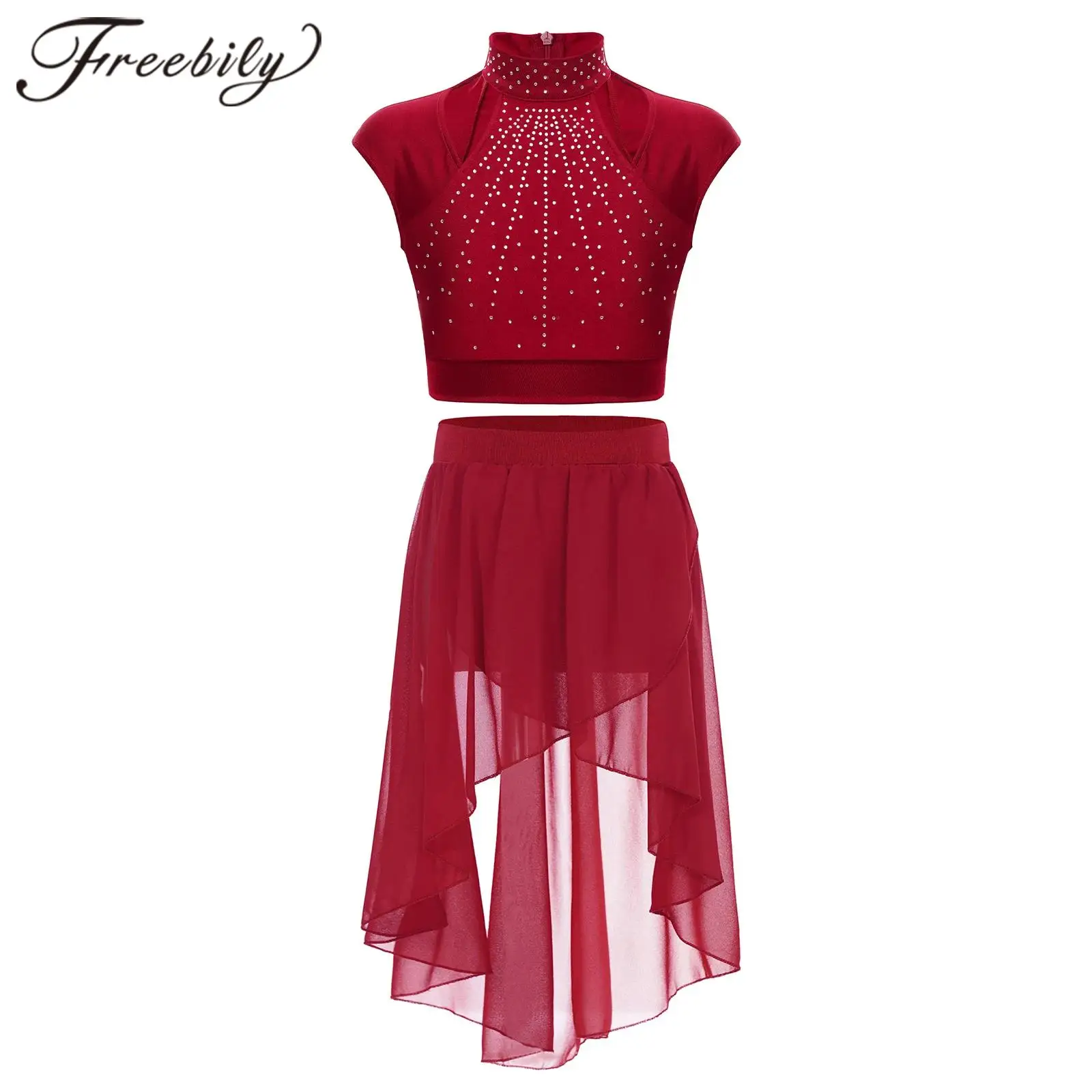 

Детская Современная лирическая Одежда для танцев, костюм для фигурного катания на коньках, шифоновая юбка с укороченным топом, 2 шт., наборы для балета и гимнастики