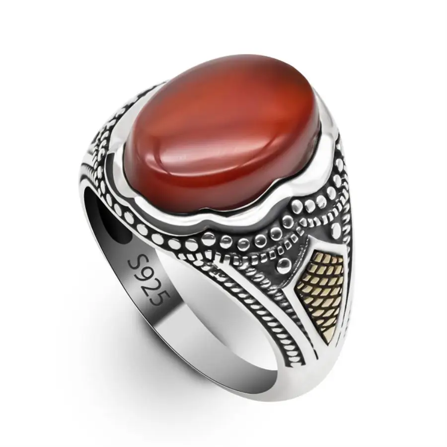 

Wholesale 925 Sterling Silver Male Ring Vintage Turkish Hand Ring Natural Red Agate Stone Man Rings In 925 Silver