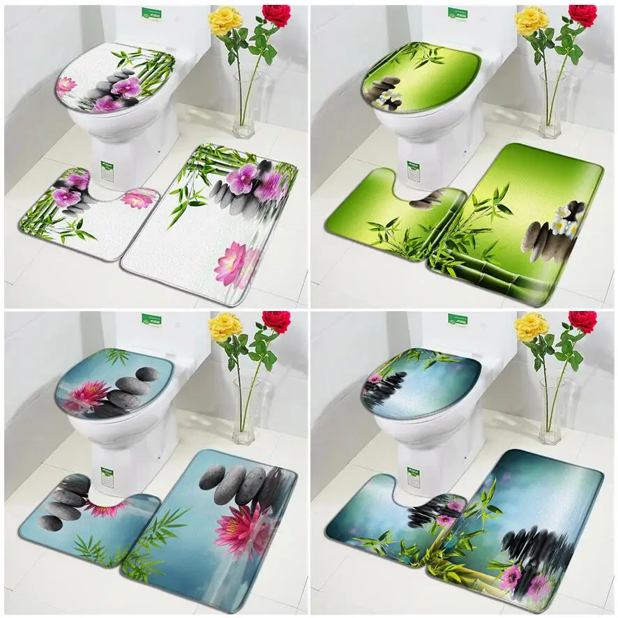Zen Bath Mat Set Green Bamboo Pink Lotus Orchid Black Stone Spa Garden Scenery Home Decor Tappeto Tappeti Antiscivolo Coperchio Del Water