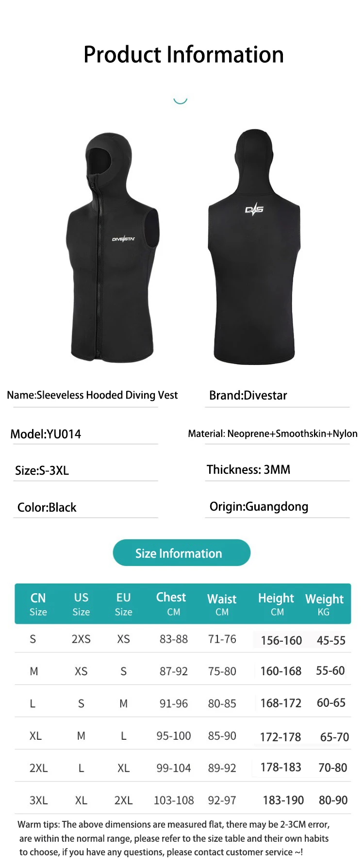 Description Picture 3 of item3MM Neoprene Men's Thermal Diving Vest with Hood Sleeveless Surfing Wetsuit Jacket Split Waterproof Scuba Diving Top Keep Warm