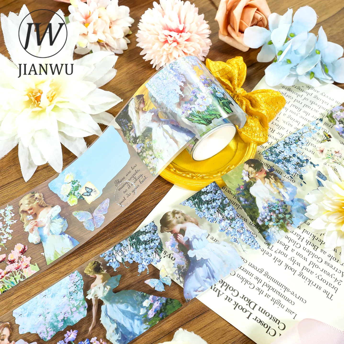 JIANWU60mm*200cm 빈티지 나비 꽃 캐릭터 풍경 소재 콜라주 스크랩북 PET 테이프 크리에이티브 저널 문구