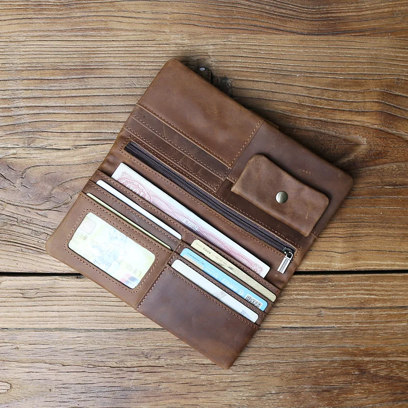 NZPJ Retro Genuine Leather Men's Wallet Crazy Horse Leather Clutch BagTop Layer Cowhide Wallet Bank Card Bag For 6.7-inch mobile