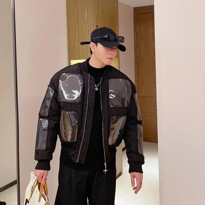 

PVC Clear Transparent Pocket Desgin Cool Bomber Jacket Man Boy's Music Festival Chic Guitar Show Stage Dance Rock Biker Coat