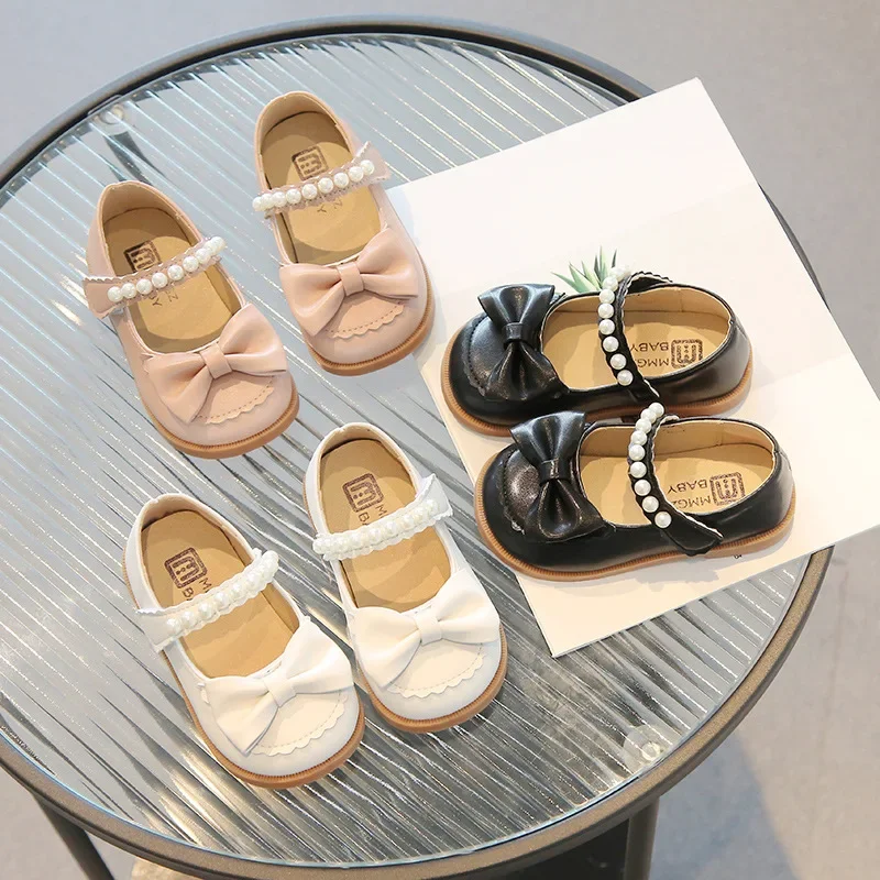 Children's Leather Shoes Kids Casual Shoes for Toddlers Little Girls Infants Spring Autumn Princess Pearls Bowtie