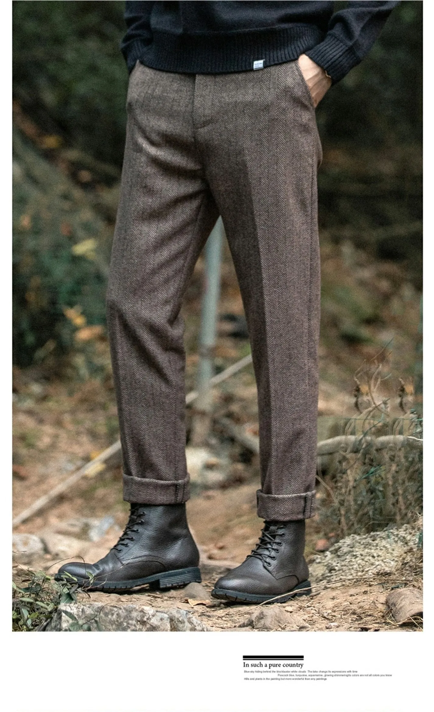 Herrenhose aus Wolle für Herbst und Winter, großes Fischgrätenmuster, britische Retro-amerikanische Freizeithose aus Haremwolle mit geradem Bein – Detail 8